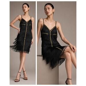 Mandalay Fringe Dress 8 Black Gold Rhinestone Flapper Cocktail NWT